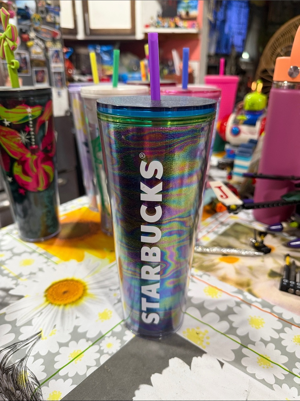 Starbucks Iridescent Rainbow Holographic Tumbler with Purple Straw